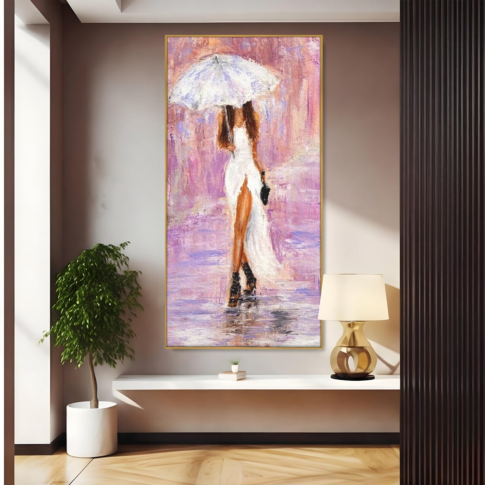 Tablou canvas cu pictura cu femeie si umbrela alba, in rama de aluminiu auriu